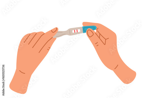 Womans hand holding two stripe pregnancy test. Maternity checking. Fertility control. Ovulation exam result. Childbirth waiting. Conceive analysis. Prenatal planning. Vector concept