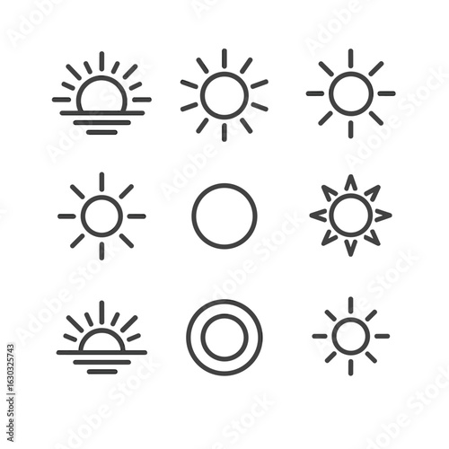 Sunlight Icons Set. Outline icon set of sunlight symbols: rising sun, sun rays, shining sun, sunburst, glowing disk, radiant beam,