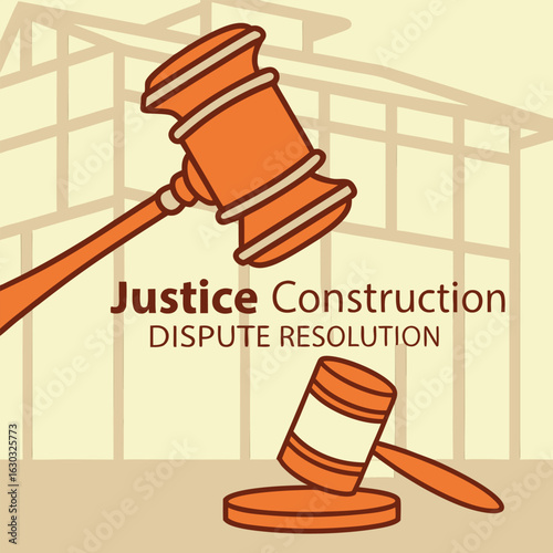 Illustration depicting two orange gavel symbols with a building outline in the background design art