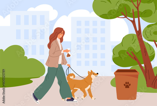 Woman walks her dog in city park and disposes of her pets feces in plastic bag and in trash can. Girl cleaning doggy excrement at sidewalk. Domestic animal at leash. Vector concept