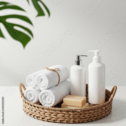 White towels and toiletries on a wicker tray (1)