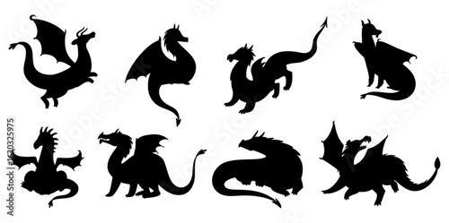 Winged medieval dragons. Fire breathing magic animals black silhouettes. Flying bestiary reptiles poses. Fairy tale monsters. Isolated fantasy creatures. Vector mythical lizards set