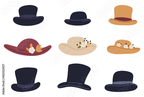 Vintage womens and mens hats. Head accessories. Cylinder and panama. Fashionable collection. Stylish vintage bowler wear. Classic trilby. Retro clothing. Casual fedora. Vector headwear set