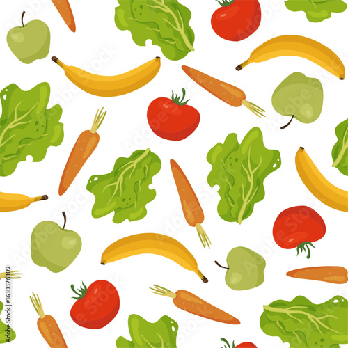 Vegetables and fruits. Food seamless pattern. Banana and apple. Fresh carrot. Vegetarian product. Tomato and lettuce. Cabbage leaves. Repeated print. Cooking ingredient. Vector background