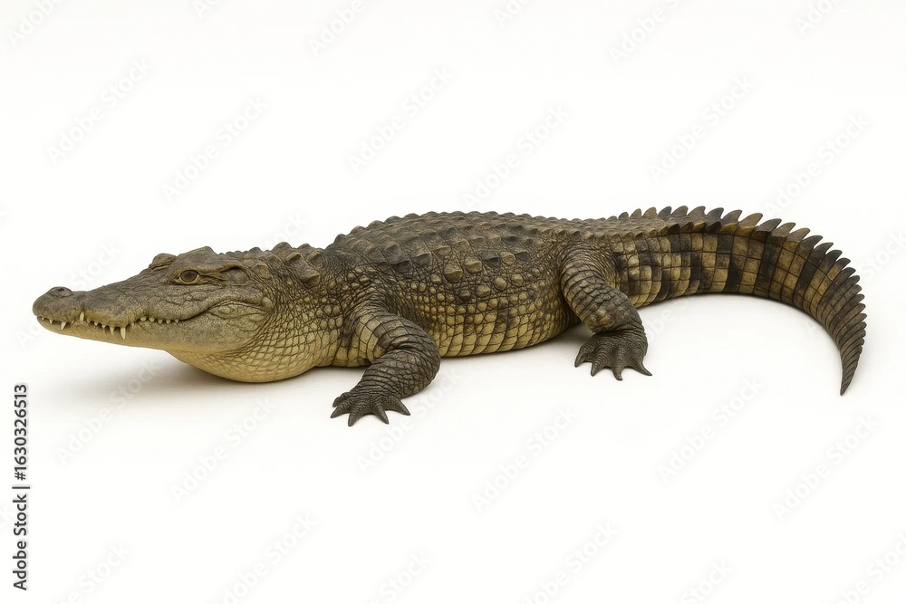 Naklejka premium A serene alligator rests on a pristine white surface, its scales shimmering in the light