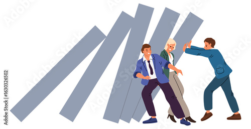Team of business people trying to stop schedule slump, crisis or falling project numbers. Move figures. Businessman pulling forms. Overcome challenge. Economy recession. Vector concept