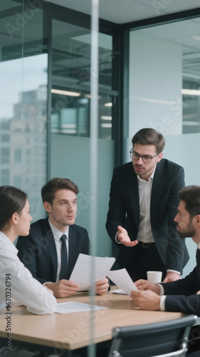 Business professionals discussing documents in a modern office meeting room