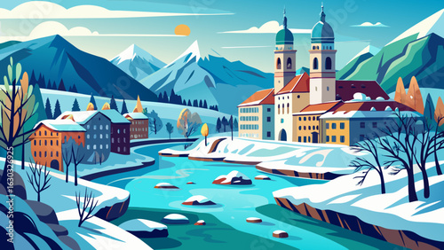 A serene winter landscape in Munich frames the turquoise Isar flowing beside St. Anna Church. Snow-covered trees and icy reflections inspire a semi-realistic vector full of peaceful seasonal charm.