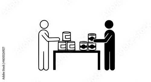 People with canned food on the table black and white