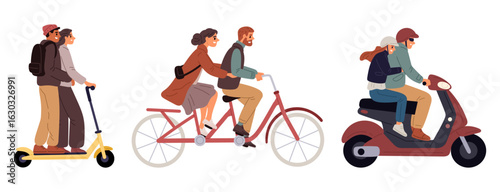Man and woman riding same bicycle or bike. Electric scooter on road. City transportation. Guy driving moped. Young couple on cycle or motorbike. People on transport. Vector vehicles set