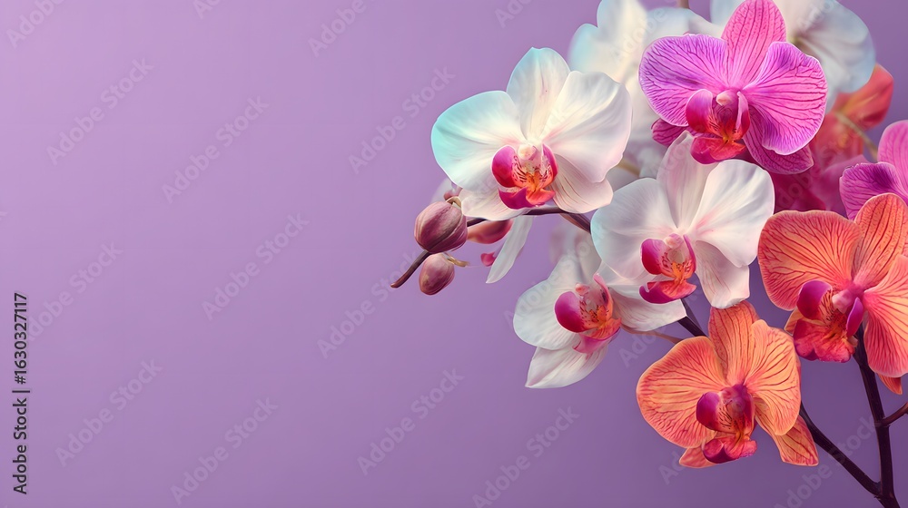 Fototapeta premium Beautiful white and pink orchid flowers on a purple background