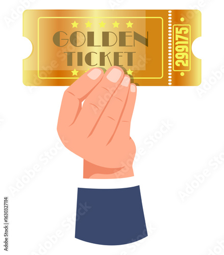 Hand in suit holding golden ticket. Lottery winner. Raffle coupon. VIP pass card. Cinema or theater entry. Shiny exclusive certificate with number. Arm showing gold label. Vector concert