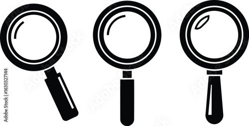 Vector art of three black magnifying glasses isolated on a white background, representing search and discovery