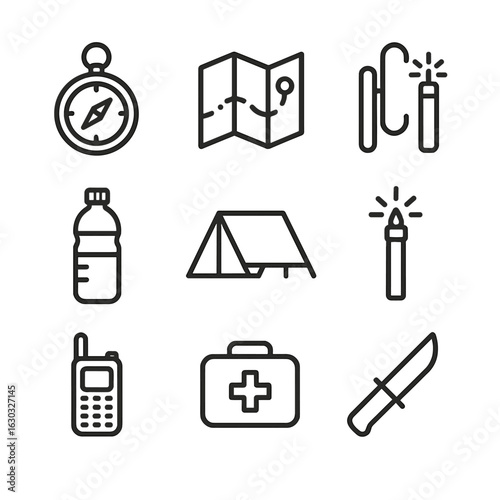 Survival Gear Icons. Outline icon set of remote environment survival: compass, map, fire starter, water bottle, shelter tarp,