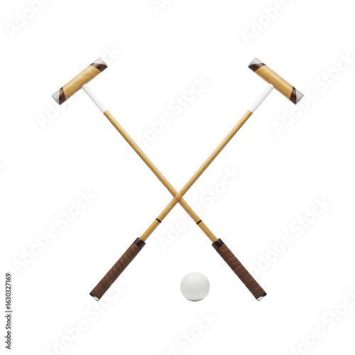 Two crossed polo mallets with a traditional white ball isolated on a white background.