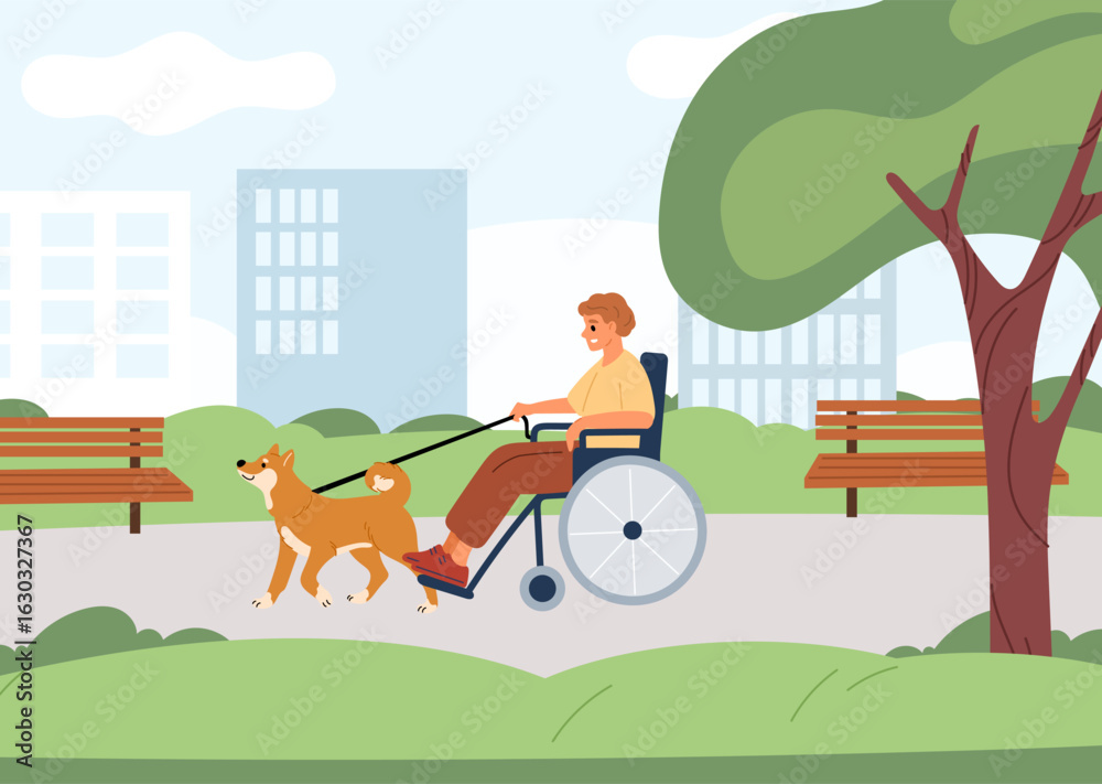 Fototapeta premium Guy in wheelchair walks dog in city park. Disabled persons outdoor stroll. Pet leading handicapped man. Trained animal help boy with disability. Handicap accessibility. Vector concept