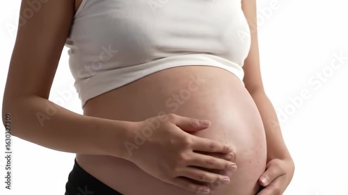 Pregnant woman with dark hair wearing a white tank top gently touching her belly Close up studio shot against a white background The image shows a midsection view of a pregnant woman s torso