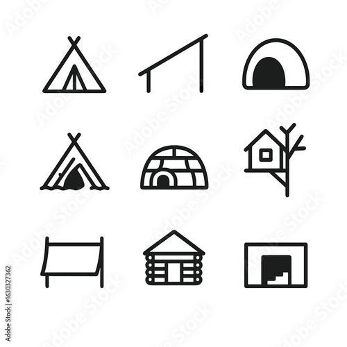 Survival Shelter Icons. Outline icon set of survival shelter types: tent, lean-to, cave, debris hut, snow shelter, treehouse, tarp