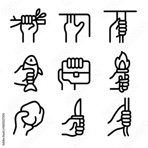 Survival Icon Set. Outline icon set of survival grabs: hold tree branch, grab ledge, grip rope, catch fish, clutch supplies, hold