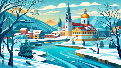 A serene winter landscape in Munich frames the turquoise Isar flowing beside St. Anna Church. Snow-covered trees and icy reflections inspire a semi-realistic vector full of peaceful seasonal charm.