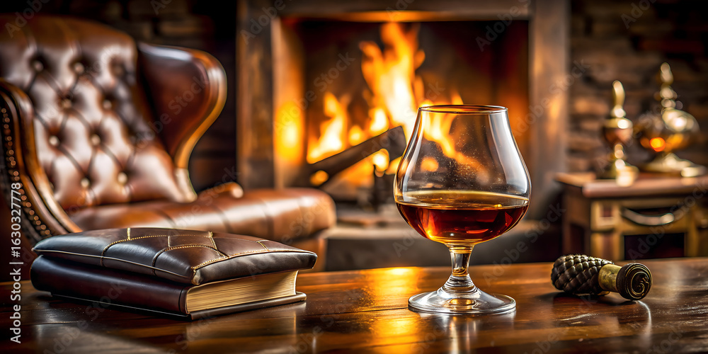 Obraz premium A glass of amber liquor sits on a polished wooden table in front of a roaring fireplace and a plush leather armchair, creating a cozy and luxurious atmosphere