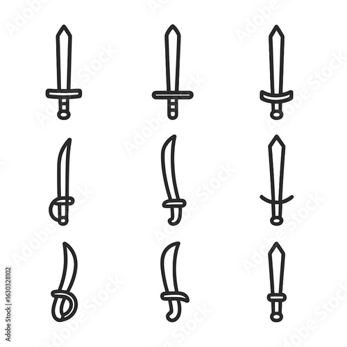 Sword Icon Collection. Outline icon set of sword types: longsword, katana, broadsword, rapier, scimitar, claymore, saber, cutlass,