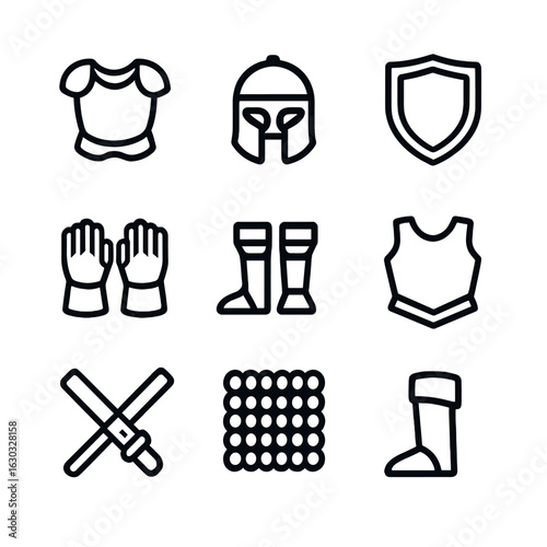 Sword Fighting Equipment Icons. Outline icon set of sword fighting equipment: armor, helmet, shield, gauntlets, boots, chestplate,
