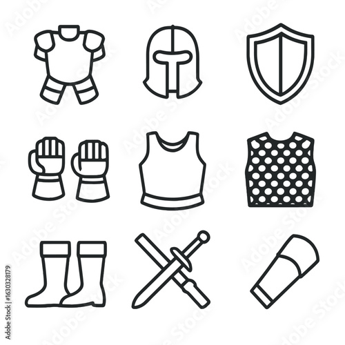 Sword Fighting Equipment Icons. Outline icon set of sword fighting equipment: armor, helmet, shield, gauntlets, boots, chestplate,