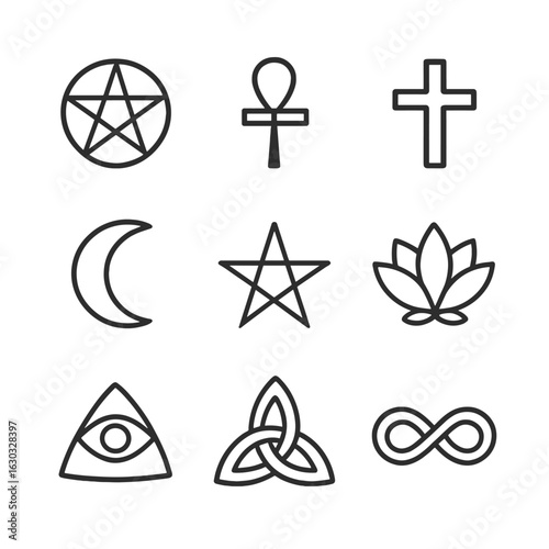 Symbolic Icon Grid. Outline icon set of invocation symbols: pentagram, ankh, cross, crescent moon, star, lotus, eye of providence,