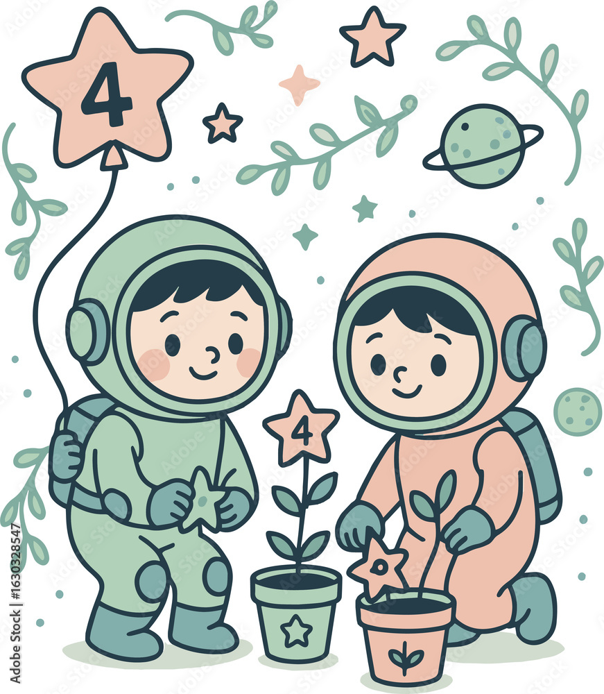 Cute astronaut kids gardening in space birthday illustration with number 4 Cute astronaut kids gardening in space birthday illustration with number 4