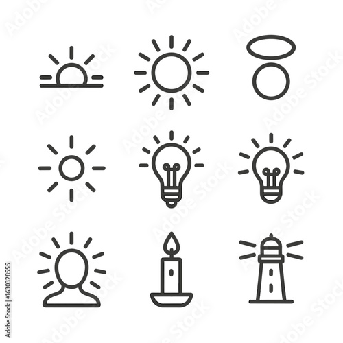 Symbolic Light Icons. Outline icon set of symbolic light: sunrise, sunbeam, halo, glow icon, enlightenment bulb, idea light, aura,