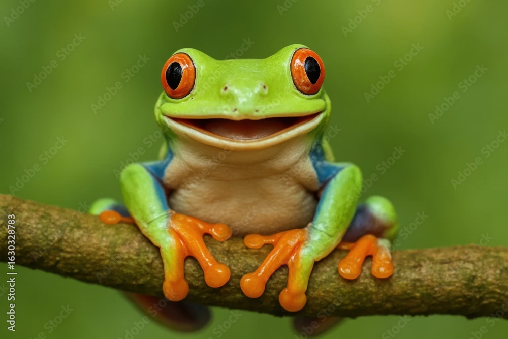 Obraz premium A vibrant green frog with striking orange eyes perches confidently on a branch, embodying the essence of nature's playful spirit