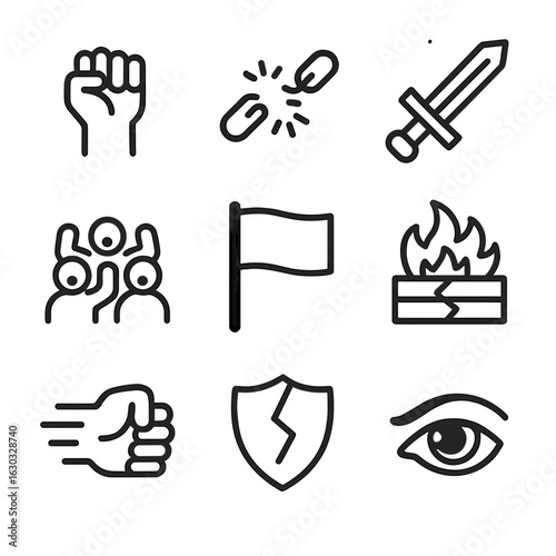 Symbols of Rebellion. Outline icon set of untamed rebellion: raised fist, broken chains, shattered sword, protest banner, roaring