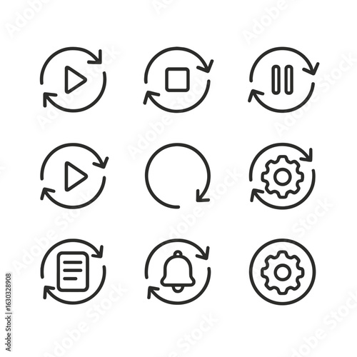 Sync Controls Icons. Outline icon set of sync controls: start sync, stop sync, pause sync, resume sync, manual sync, auto sync,