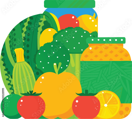 Assortment of fresh vegetables and preserved foods in jars for healthy eating and cooking