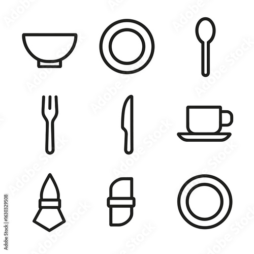 Tableware Icons Set. Outline icon set of tableware sets: bowl, plate, spoon, fork, knife, cup, saucer, napkin ring, charger plate.