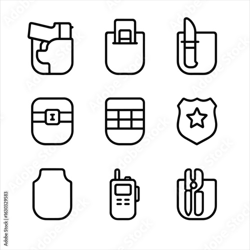 Tactical Pocket Icons. Outline icon set of tactical hidden pockets: concealed firearm holster, ammo slot, blade holder, gear strap