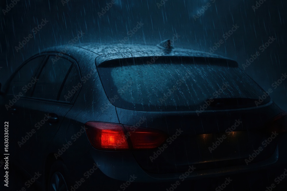 Obraz premium Under the relentless rain, a solitary car stands as a testament to resilience