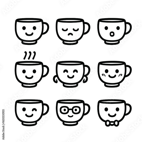 Teacup Character Icons. Outline icon set of cute teacup characters: smiling teacup, sleepy teacup, surprised teacup, steaming