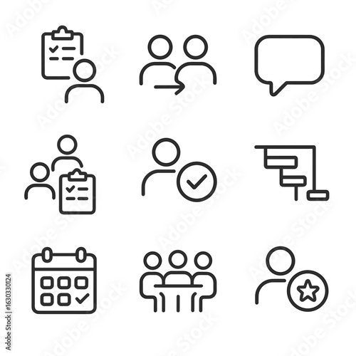 Team Productivity Icons. Outline icon set of team productivity: task assignment, collaborator icon, comment bubble, group task,