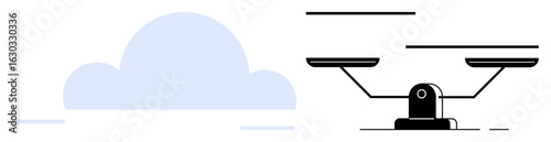 Blue cloud and balanced scale with two pans on opposite sides. Ideal for justice, equality, balance, decision-making, impartiality, fairness, harmony. Simple flat metaphor
