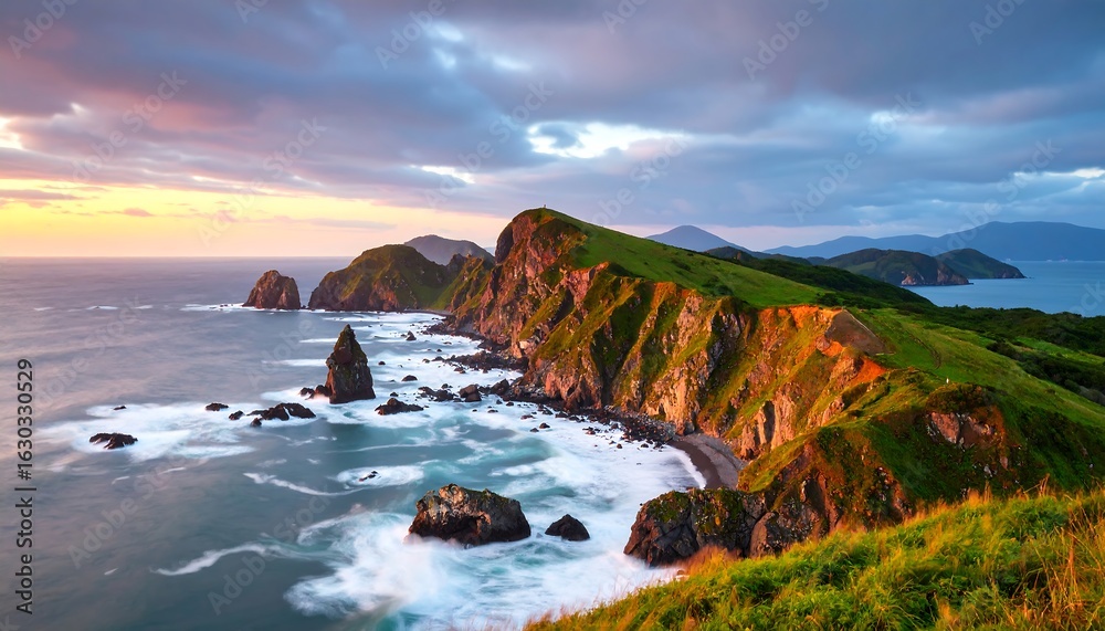 Obraz premium Dramatic coastal landscape with rocky cliffs and crashing waves at sunrise evoking serenity and