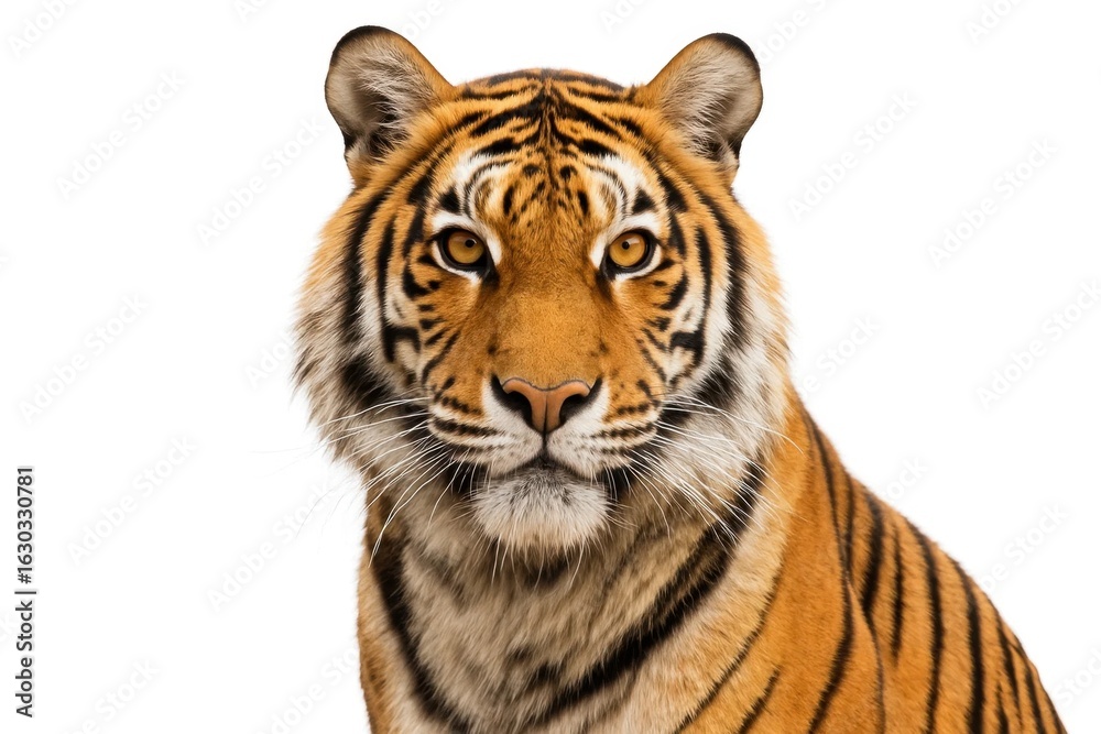 Naklejka premium A striking tiger gazes directly into the camera, its piercing yellow eyes reflecting a world of untamed power
