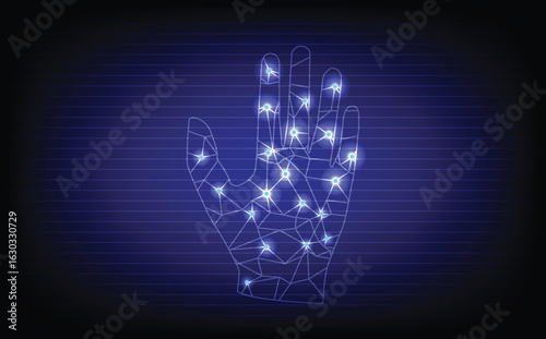 Futuristic biometric authentication concept featuring a glowing digital hand scan on a dark blue background with technology circuit elements.