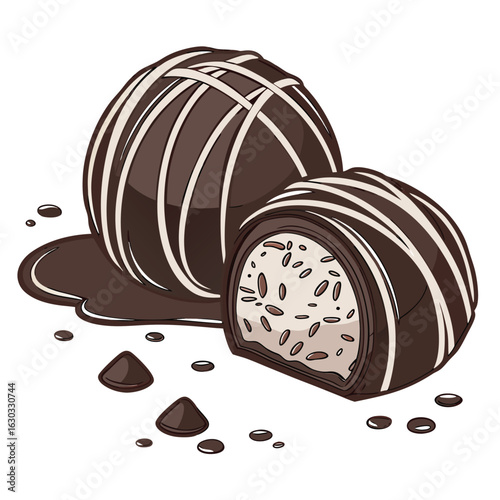 Illustration of two chocolate truffles one whole and one cut in half with chocolate sauce around it
