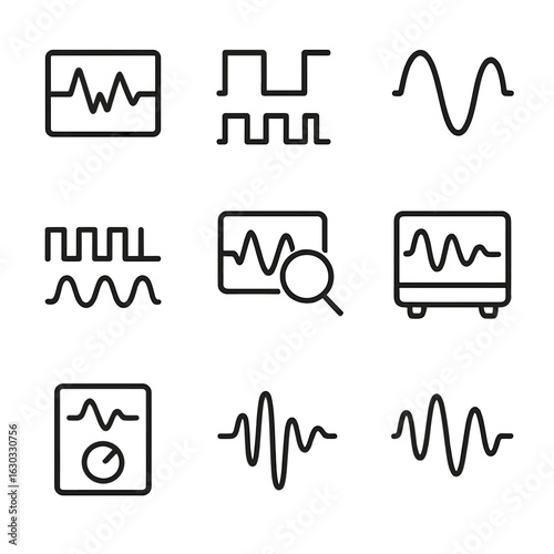 Tech Waveform Icons. Outline icon set of waveforms in technology: waveform monitor, pulse width modulation, analog wave, digital