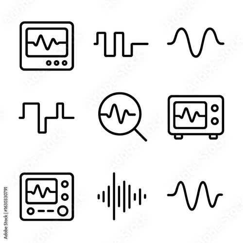 Tech Waveform Icons. Outline icon set of waveforms in technology: waveform monitor, pulse width modulation, analog wave, digital