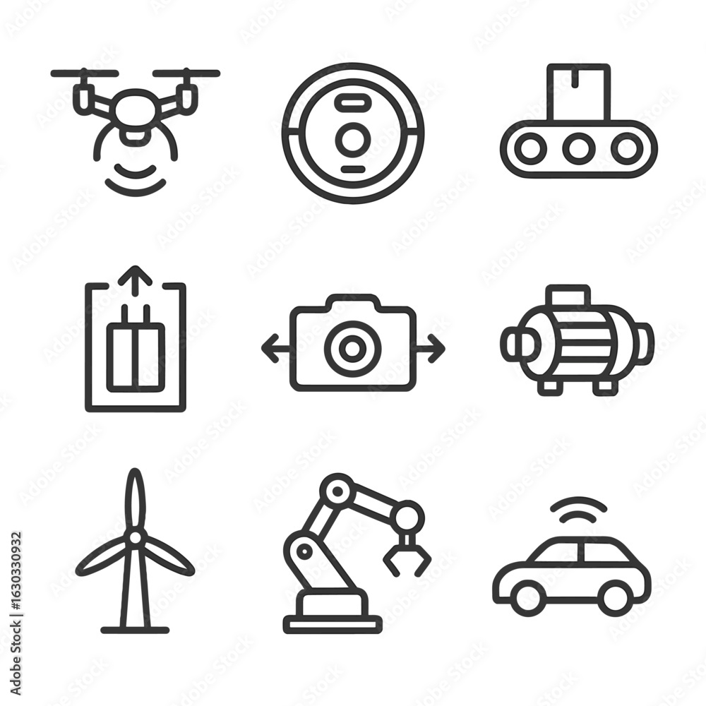 Fototapeta premium Technological Movement Icons. Outline icon set of technological movement: drone flying, robotic vacuum, conveyor system, elevator