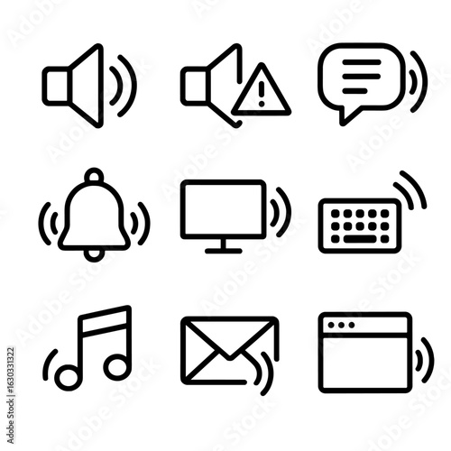 Technology Sound Icons. Outline icon set of chirp in technology: notification sound, alert sound, chat notification, ringtone,
