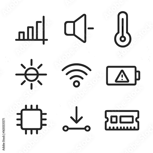 Technology Threshold Icons. Outline icon set of threshold in technology: signal threshold, volume limit, temperature limit,